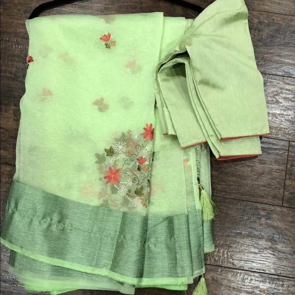 Pista green organza Saree with blouse